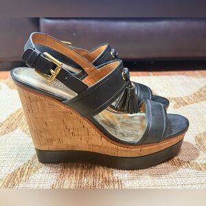 Coach Giulietta Black and Tan Tassel leather 
Wedges, size 9.5 STYLISH!! Sandal